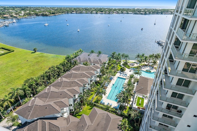 aerial view featuring a water view