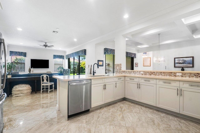 kitchen featuring coffered ceiling, crown molding, ceiling fan, stainless steel dishwasher, and sink