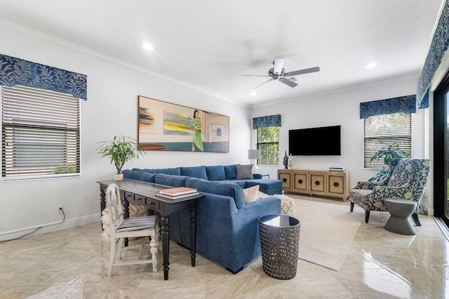 living room with a textured ceiling, ornamental molding, and ceiling fan