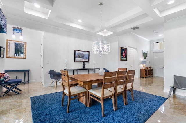 dining space featuring coffered ceiling, beamed ceiling, a notable chandelier, and ornamental molding