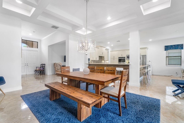 dining room featuring a notable chandelier, beamed ceiling, coffered ceiling, and crown molding