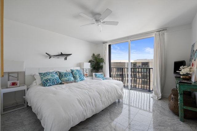 bedroom with ceiling fan and access to exterior