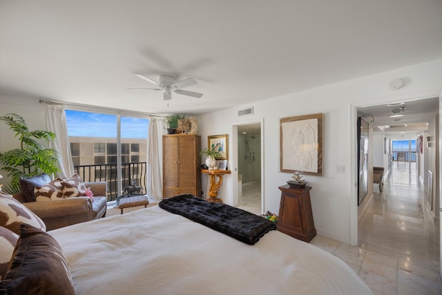 bedroom with ceiling fan and access to exterior