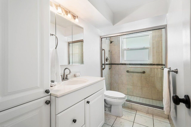 bathroom with an enclosed shower, vanity, and toilet