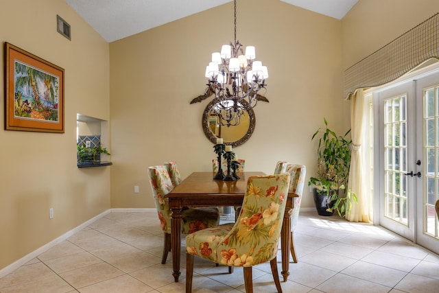 dining space featuring high vaulted ceiling, a wealth of natural light, and french doors