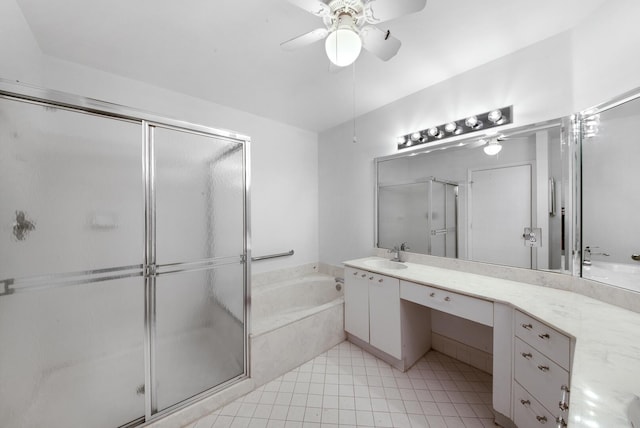 bathroom with vanity, ceiling fan, and independent shower and bath