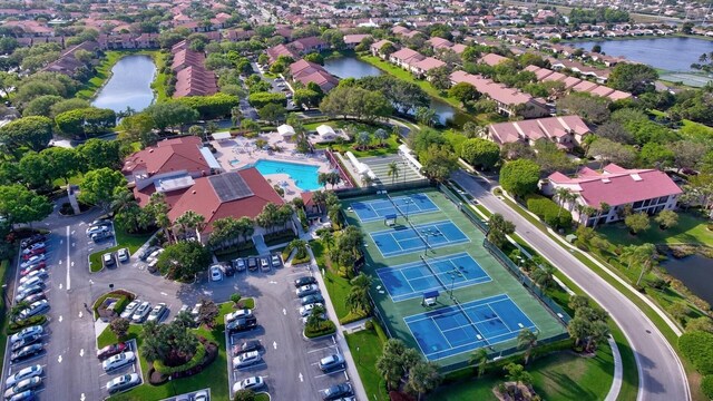 aerial view featuring a water view