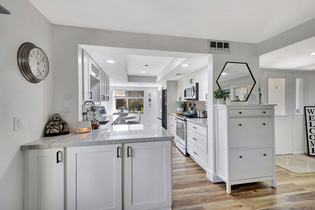 kitchen featuring light wood-type flooring, kitchen peninsula, white cabinetry, and stainless steel appliances