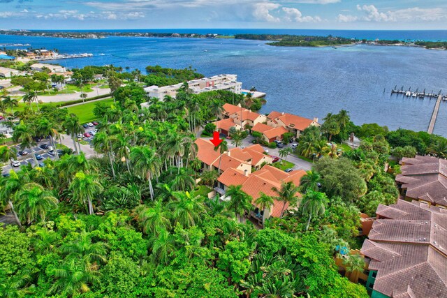 aerial view featuring a water view