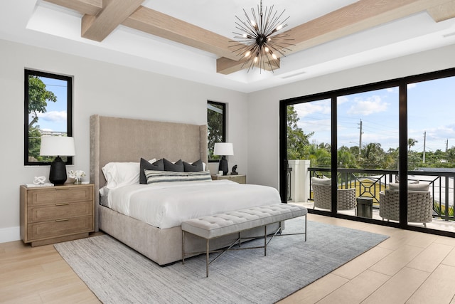 bedroom with light hardwood / wood-style floors, access to exterior, a chandelier, and beamed ceiling