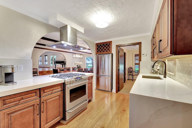 kitchen featuring appliances with stainless steel finishes, ornamental molding, a textured ceiling, ventilation hood, and sink