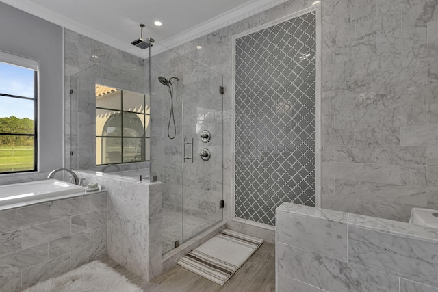 bathroom with ornamental molding and plus walk in shower