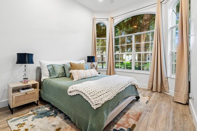 bedroom featuring multiple windows, wood finished floors, and baseboards
