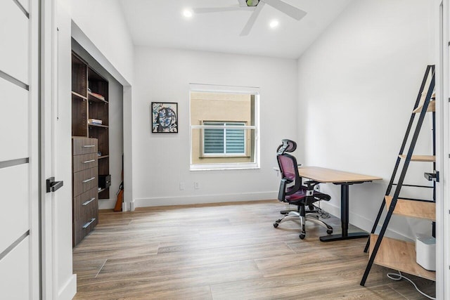 office area with baseboards, recessed lighting, ceiling fan, and wood finished floors