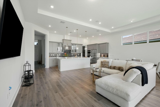 living room featuring a raised ceiling and light wood-type flooring