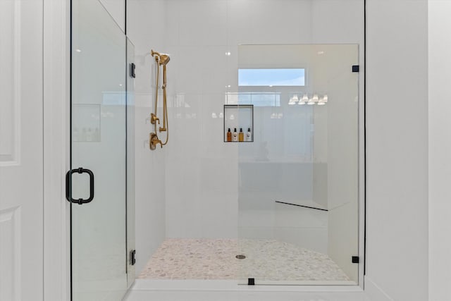 bathroom with a shower with shower door