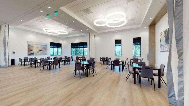 dining room with light hardwood / wood-style floors, a raised ceiling, and a healthy amount of sunlight