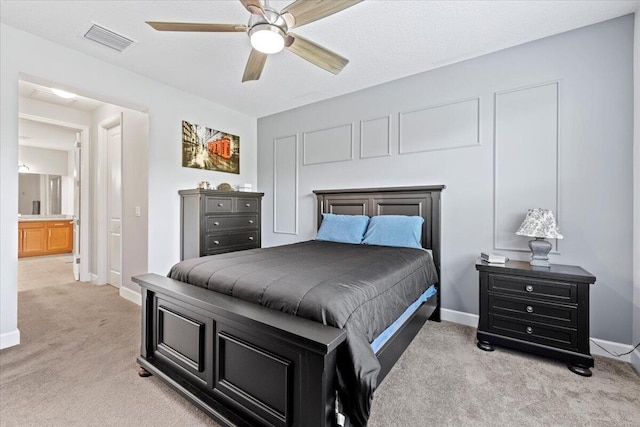 bedroom with ceiling fan, baseboards, light colored carpet, and visible vents