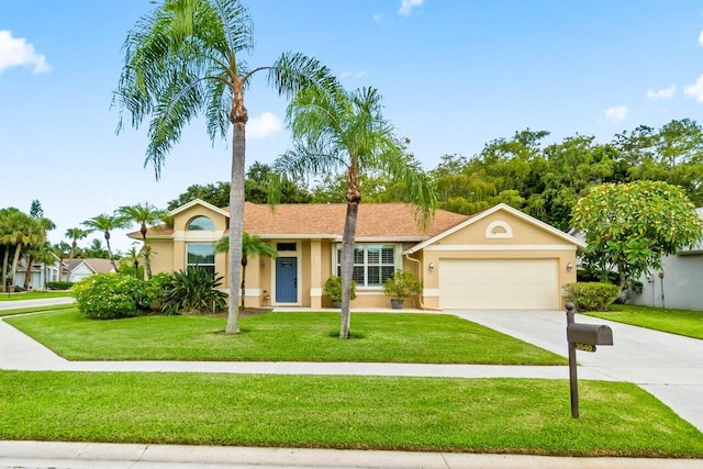 ranch-style house featuring a front lawn and a garage