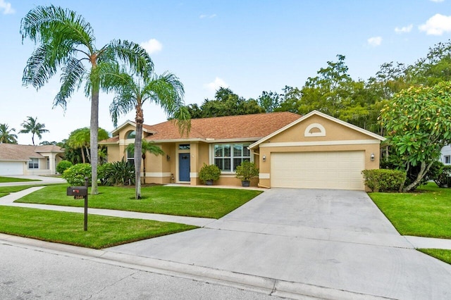 single story home featuring a front yard and a garage