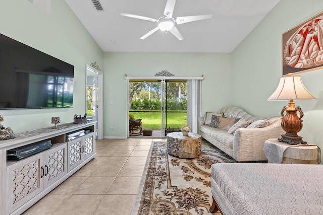 tiled living room featuring ceiling fan