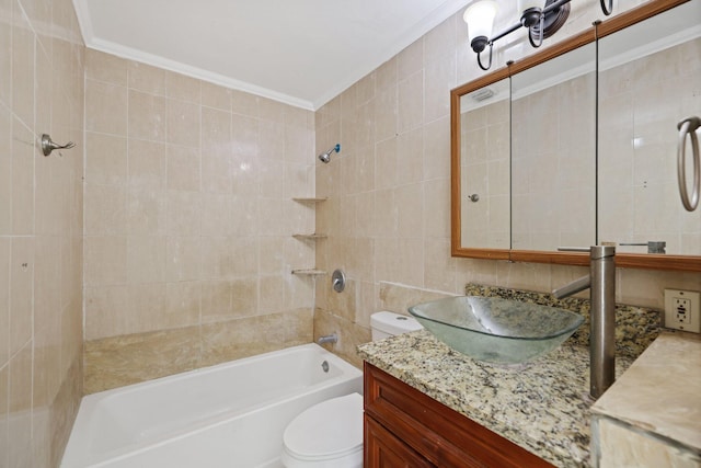 6009 Triphammer Rd, Lake Worth, FL 33463 - full bathroom featuring tile walls, vanity, toilet, ornamental molding, and  shower combination