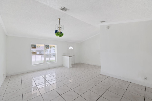 6009 Triphammer Rd, Lake Worth, FL 33463 - unfurnished room featuring a textured ceiling, visible vents, ornamental molding, vaulted ceiling, and a notable chandelier