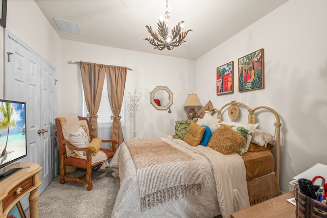 carpeted bedroom with a notable chandelier and multiple windows