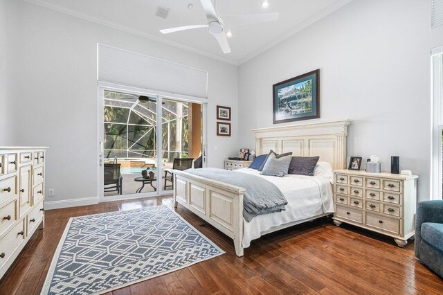 bedroom with dark wood-type flooring, ceiling fan, ornamental molding, and access to outside