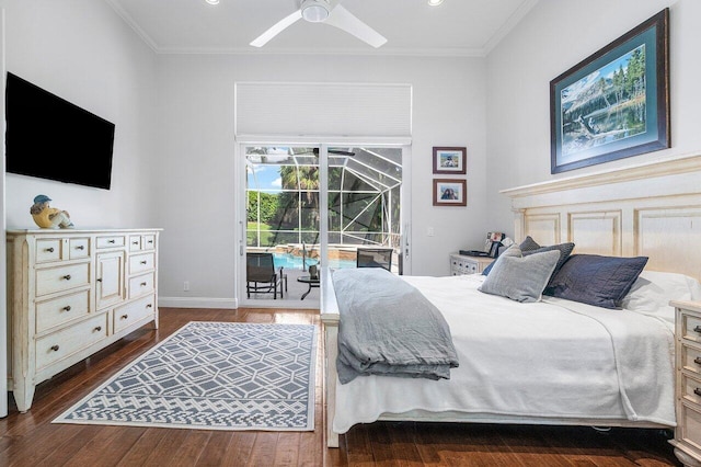 bedroom featuring dark wood-type flooring, ceiling fan, ornamental molding, and access to outside