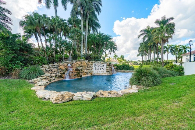 view of pool featuring a lawn