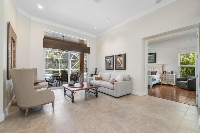 living room with light hardwood / wood-style flooring and ornamental molding