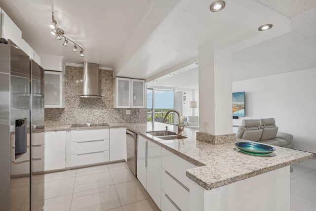 kitchen featuring appliances with stainless steel finishes, white cabinetry, tasteful backsplash, wall chimney exhaust hood, and sink