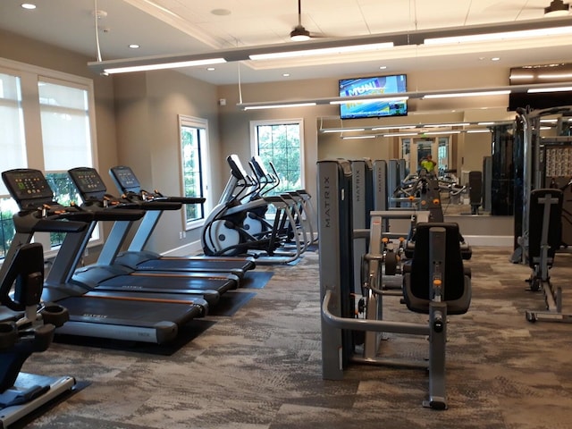 exercise room with carpet floors