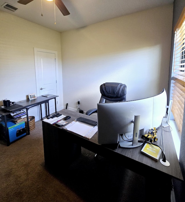 office space with ceiling fan and carpet floors