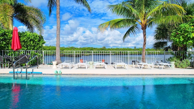 view of pool with a water view