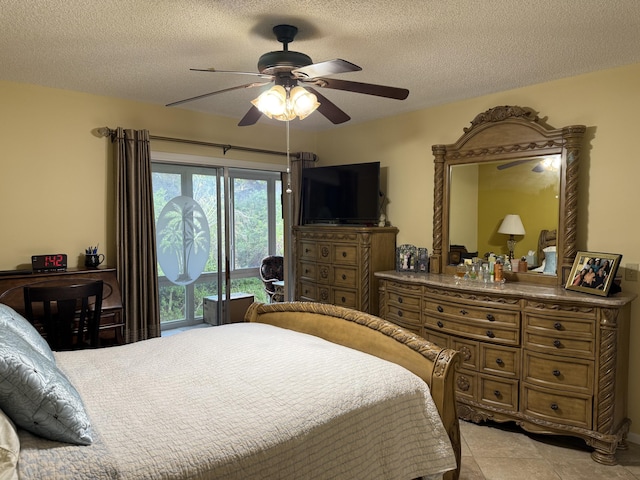 bedroom featuring ceiling fan, a textured ceiling, and access to outside