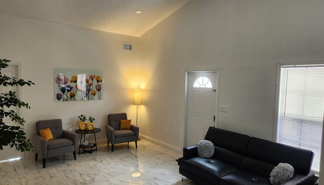 living room with high vaulted ceiling, a wealth of natural light, and a textured ceiling