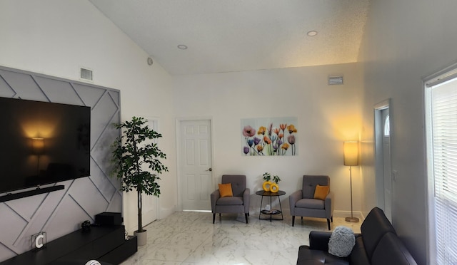 living room with high vaulted ceiling