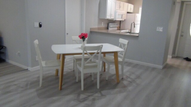 dining space with light hardwood / wood-style flooring and sink