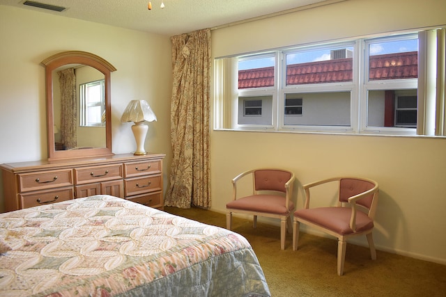 bedroom with carpet and a textured ceiling