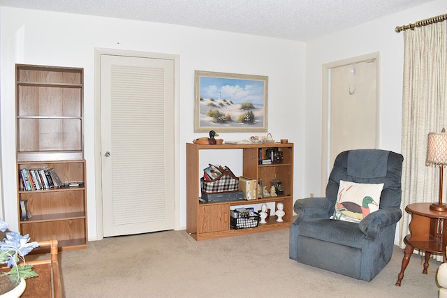 living area featuring carpet and a textured ceiling