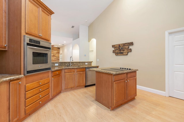 kitchen with a kitchen island, stainless steel appliances, stone counters, light hardwood / wood-style flooring, and sink