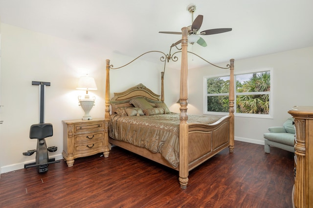 bedroom with ceiling fan and dark hardwood / wood-style flooring