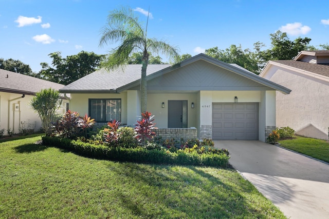 single story home with a garage and a front yard