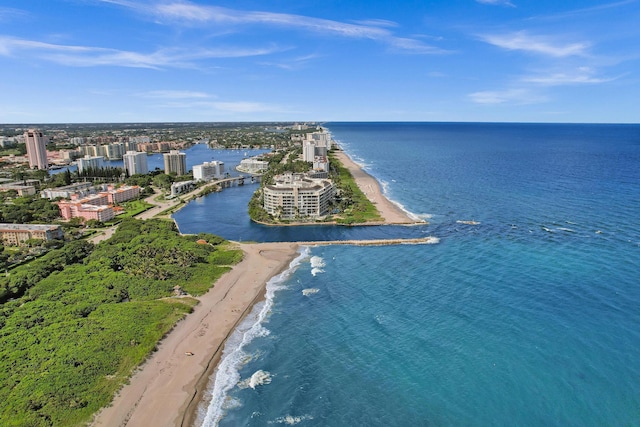 drone / aerial view with a view of the beach and a water view