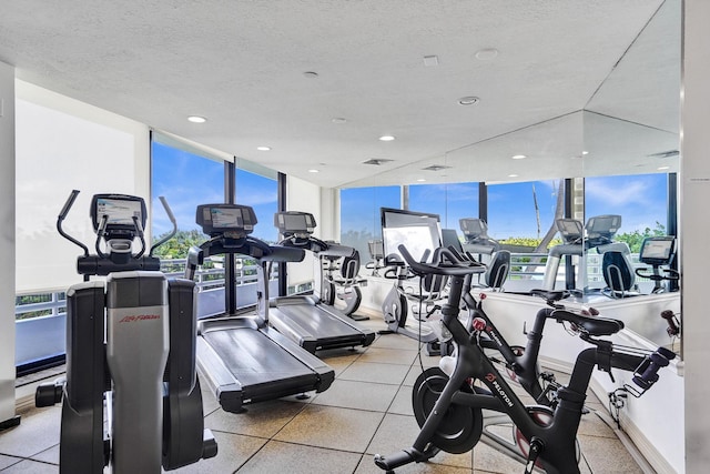 exercise room featuring a textured ceiling, a healthy amount of sunlight, and a wall of windows