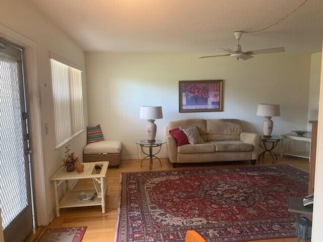 living room with light hardwood / wood-style flooring and ceiling fan