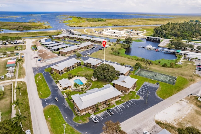 aerial view featuring a water view