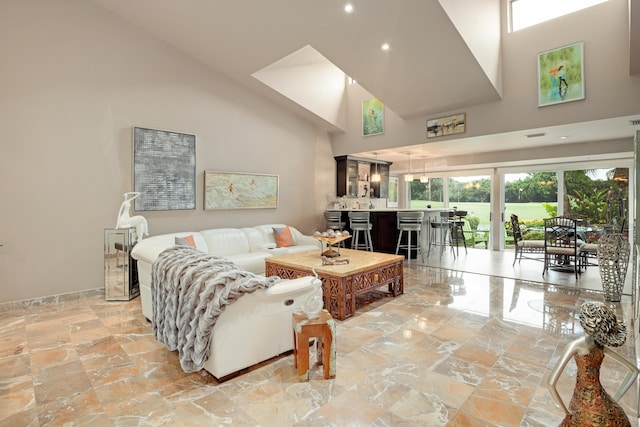 living room featuring high vaulted ceiling